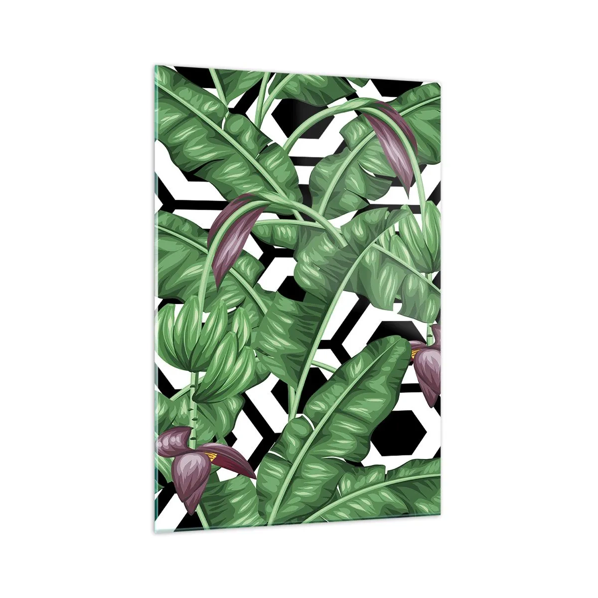 Impression sur verre - Image sur verre - Feuilles tropicales sur fond géométrique - 70x100cm - Une composition symétrique par nature - Décoration murale moderne pour le salon et la chambre ARTTOR