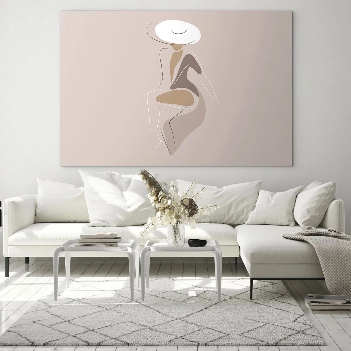 Impression sur verre - Image sur verre - Silhouette d'une femme au chapeau sur fond beige - 70x50cm - Être une dame - Décoration murale moderne pour le salon et la chambre ARTTOR