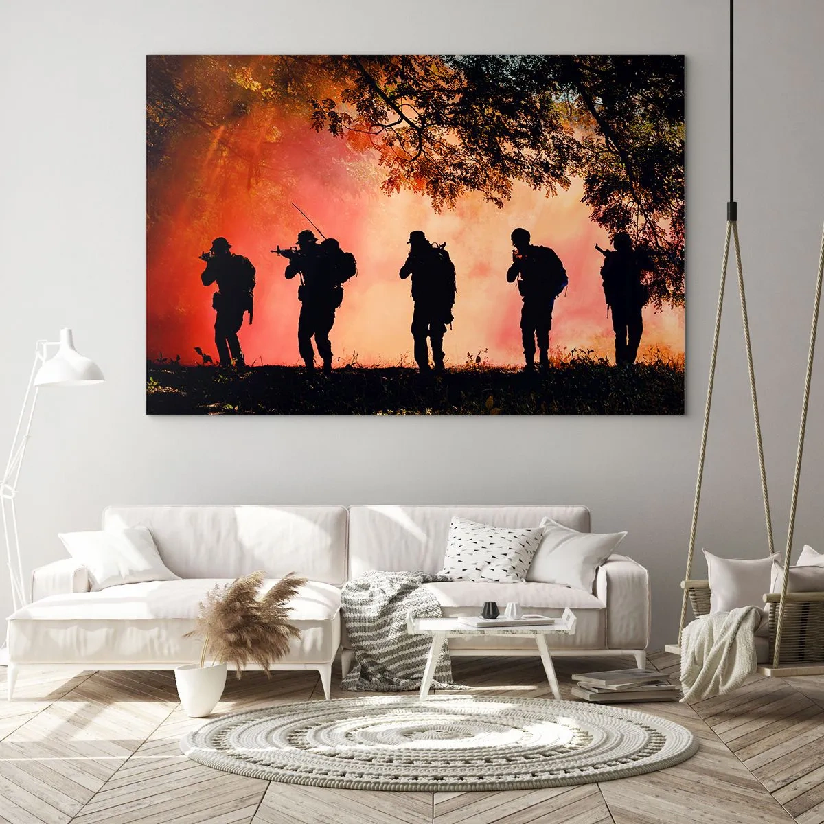 Impression sur verre - Image sur verre - Un groupe de soldats marchant sur fond de forêt en feu. - 100x70cm - … Tous pour un. - Décoration murale moderne pour le salon et la chambre ARTTOR