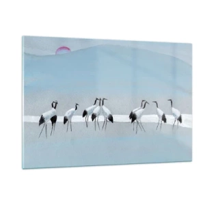 Impression sur verre - Image sur verre - Un groupe de grues sur fond de montagnes bleues et d'un coucher de soleil - 120x80cm - Après une chaude journée - Décoration murale moderne pour le salon et la chambre ARTTOR