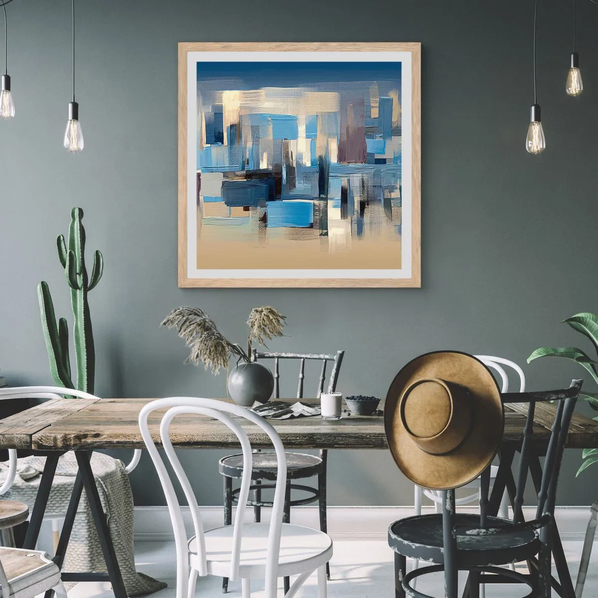 Affiche dans un chêne clair - Poster - Construction bleue - 60x60 cm