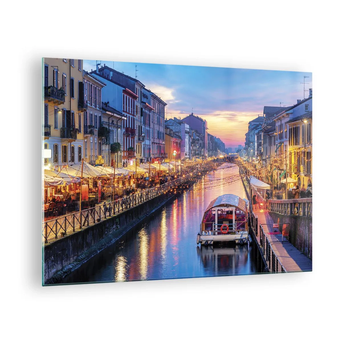 Impression sur verre - Image sur verre - Vue nocturne du canal illuminé avec bateaux et cafés - 70x50cm - Soirée de lumière et de jeu - Décoration murale moderne pour le salon et la chambre ARTTOR