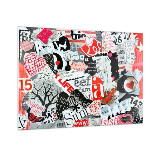 Impression sur verre - Image sur verre - Un collage de lettres, de cœurs et d'arbres dans un style artistique. - 100x70cm - Collage hipster - Décoration murale moderne pour le salon et la chambre ARTTOR