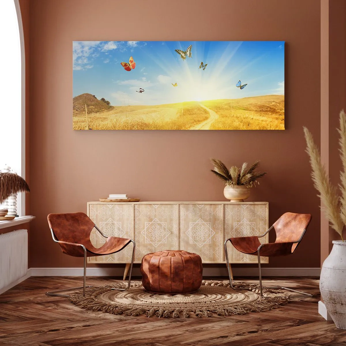 Impression sur toile - Image sur toile - Un champ doré, un chemin et des papillons contre un ciel bleu - 160x50cm - Et comment ne pas aimer l'été ? - Décoration murale moderne pour le salon et la chambre ARTTOR