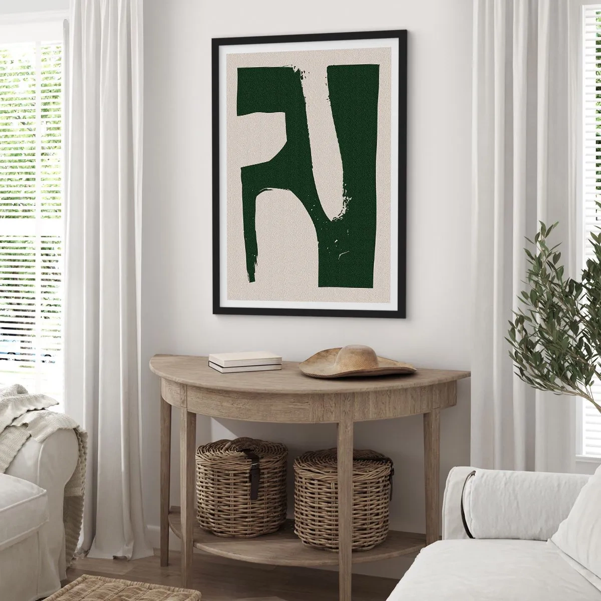 Affiche dans un cadre noir - Poster - Abstraction minimaliste en vert et beige - 50x70cm - Baies blanches - Décoration murale moderne pour le salon et la chambre ARTTOR