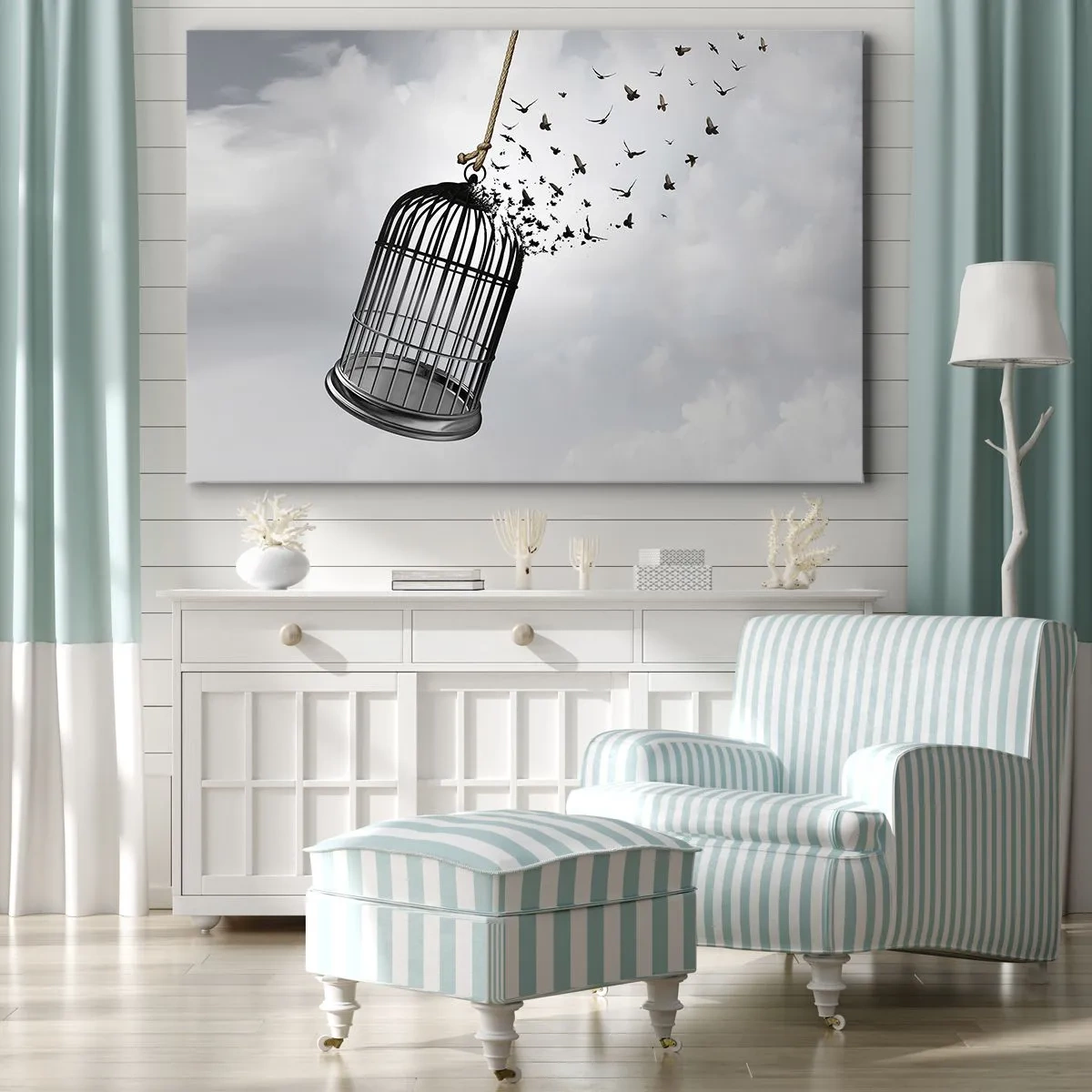 Impression sur toile - Image sur toile - Des oiseaux s'envolent d'une cage dans le ciel - 70x50cm - Foie...Espoir...Liberté! - Décoration murale moderne pour le salon et la chambre ARTTOR