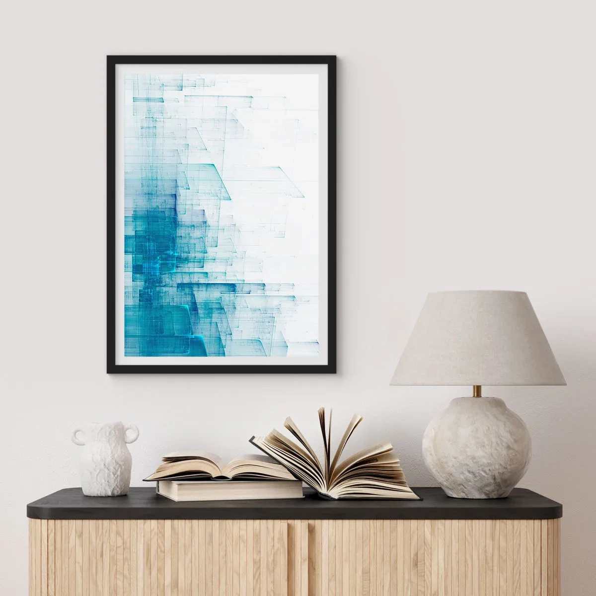 Affiche dans un cadre noir - Poster - Composition géométrique abstraite dans les tons de bleu et de blanc - 50x70cm - Comment l’espace s’est formé - Décoration murale moderne pour le salon et la chambre ARTTOR