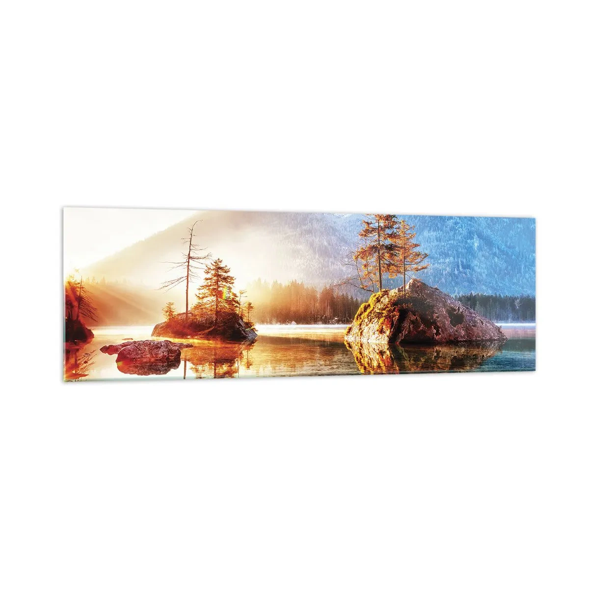Impression sur verre - Image sur verre - Un lac avec des îles et des montagnes en arrière-plan au lever du soleil - 160x50cm - La nature sous un nouveau jour - Décoration murale moderne pour le salon et la chambre ARTTOR