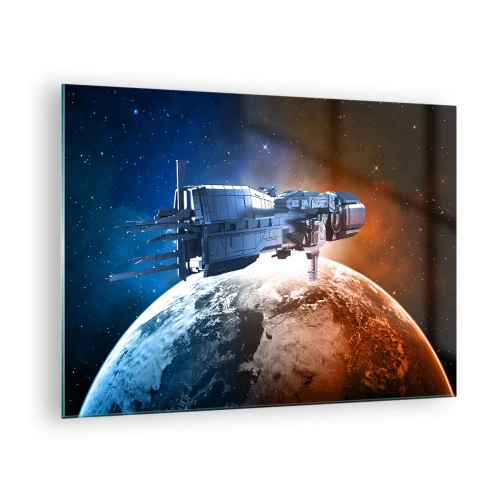 Impression sur verre - Image sur verre - Un vaisseau spatial en orbite autour d'une planète à la lumière des étoiles - 70x50cm - Un observateur attentif - Décoration murale moderne pour le salon et la chambre ARTTOR