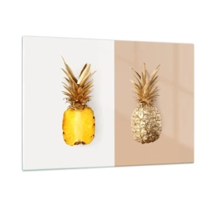 Impression sur verre - Image sur verre - Un ananas tranché et doré sur deux fonds contrastés - 120x80cm - Ananas pour nous - Décoration murale moderne pour le salon et la chambre ARTTOR