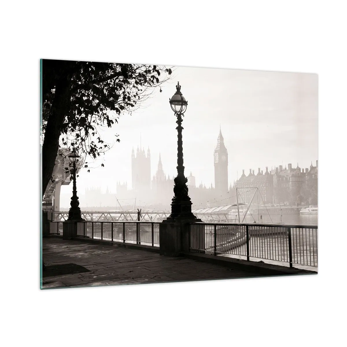 Impression sur verre - Image sur verre - Photographie en noir et blanc de la promenade de Londres avec Big Ben - 100x70cm - Un matin londonien - Décoration murale moderne pour le salon et la chambre ARTTOR