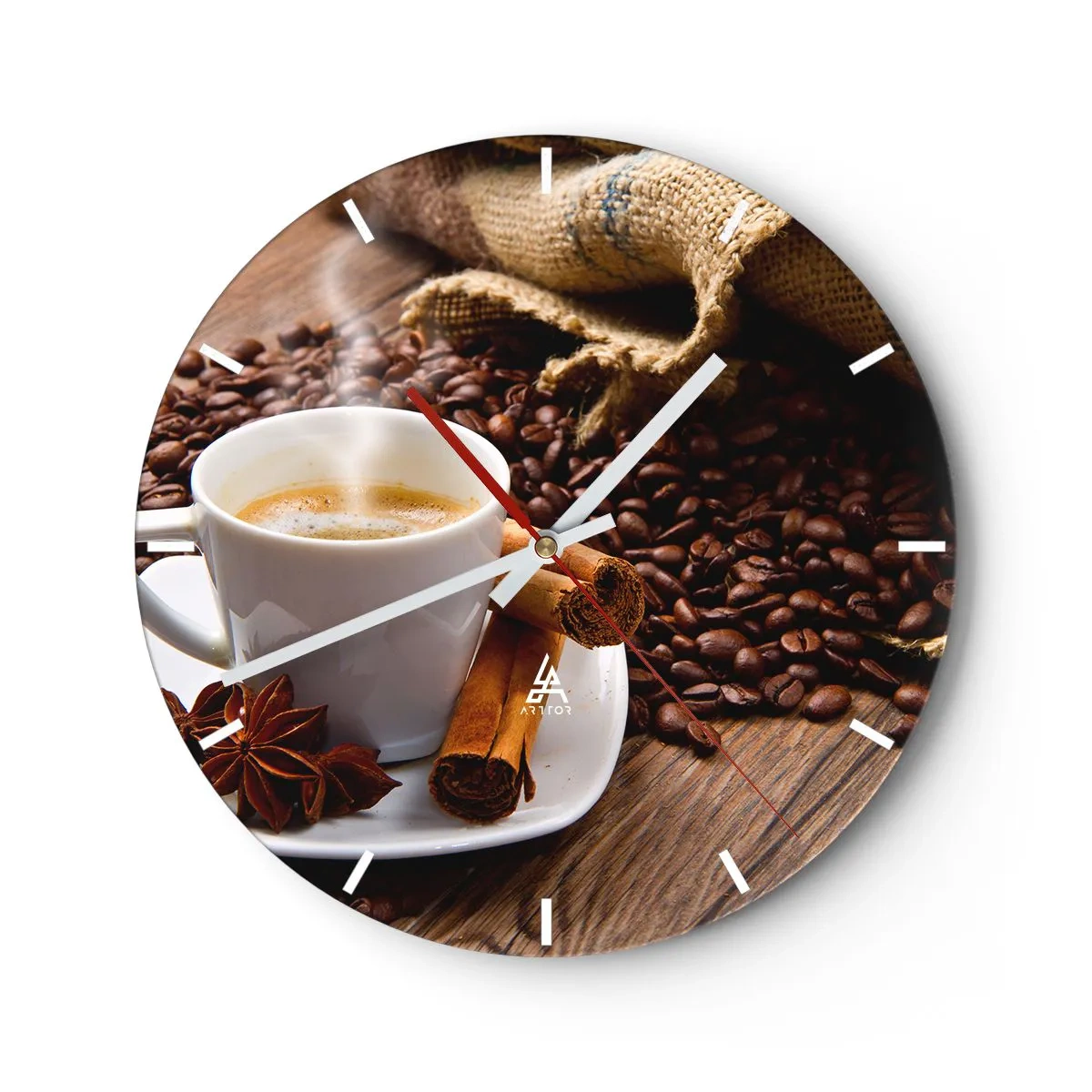 Horloge murale - Pendule murale - Une tasse de café avec des épices et des grains de café - 30x30cm - Saveur et arôme épicés - Décoration murale moderne pour le salon, la cuisine et la chambre ARTTOR