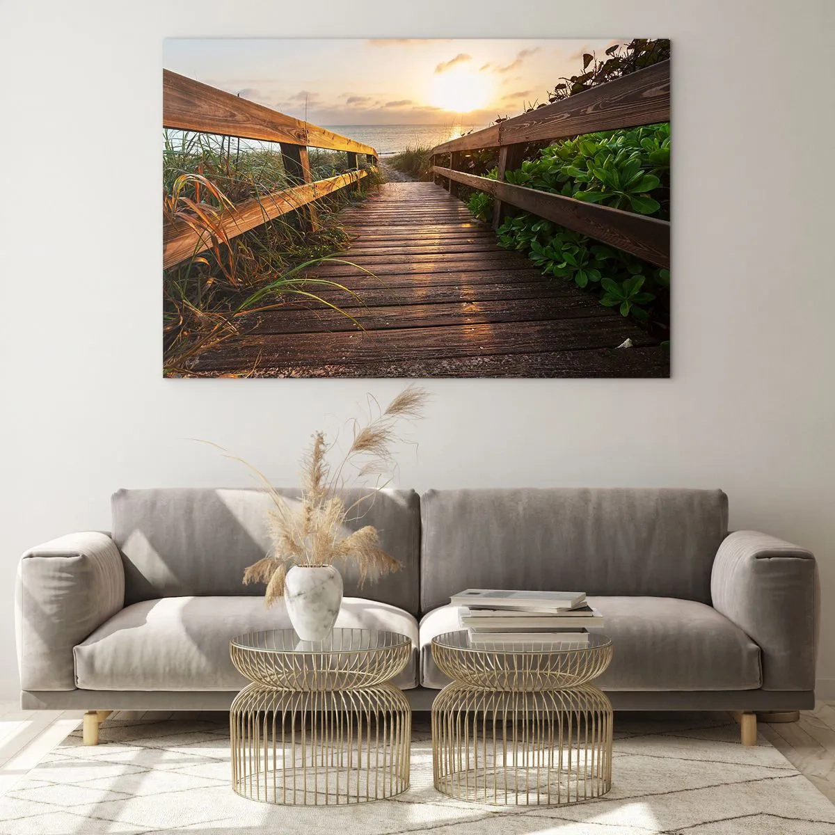 Impression sur verre - Image sur verre - Passerelle en bois menant à la plage au coucher du soleil - 120x80cm - Tout droit vers le rivage - Décoration murale moderne pour le salon et la chambre ARTTOR
