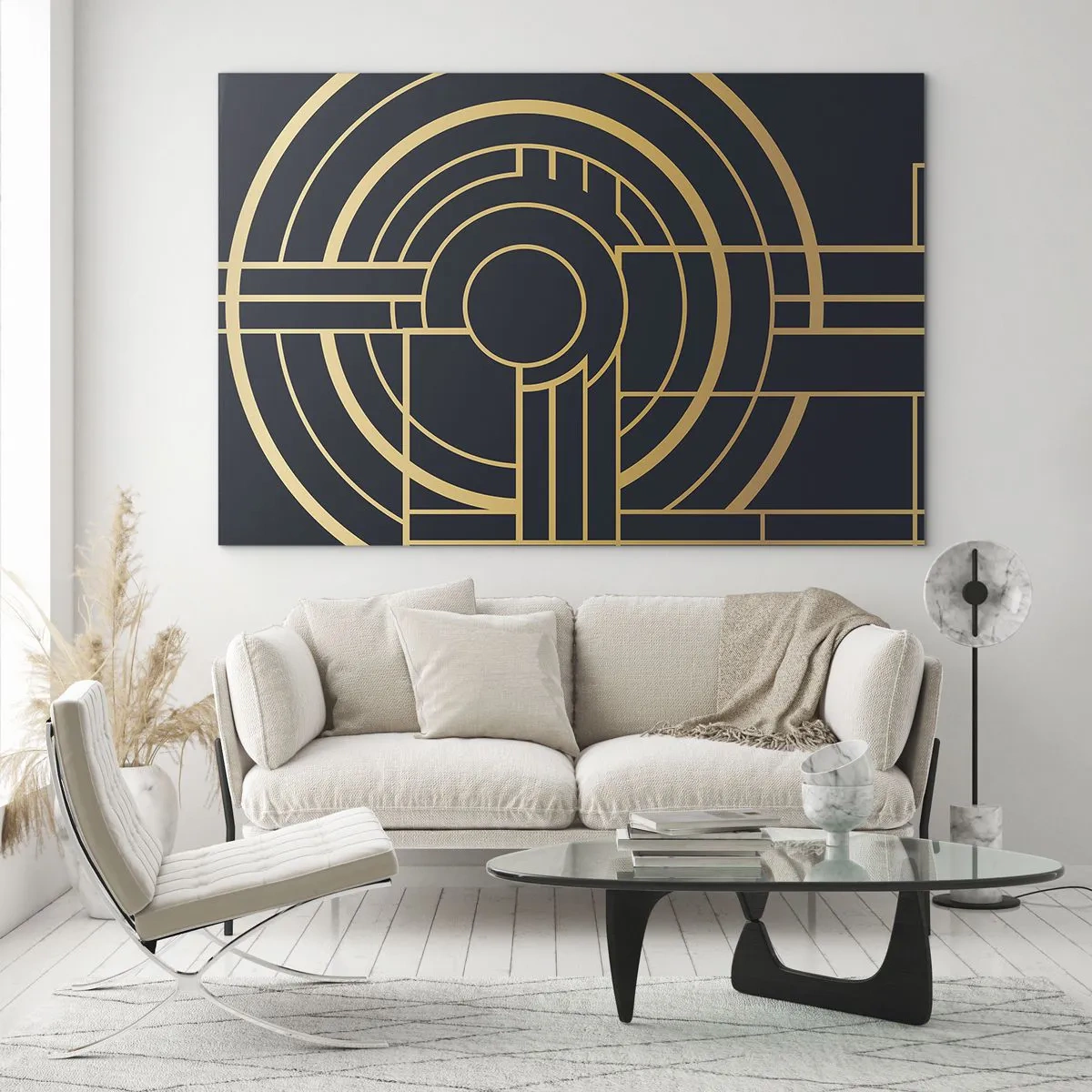Impression sur verre - Image sur verre - Abstraction géométrique dorée et noire dans le style Art Déco - 70x50cm - Rotation des éléments - Décoration murale moderne pour le salon et la chambre ARTTOR