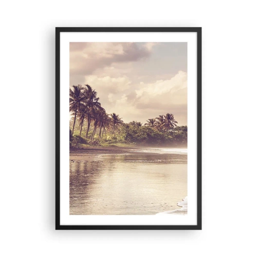 Affiche dans un cadre noir - Poster - Plage tropicale au coucher du soleil avec palmiers - 50x70cm - La caresse des vagues - Décoration murale moderne pour le salon et la chambre ARTTOR