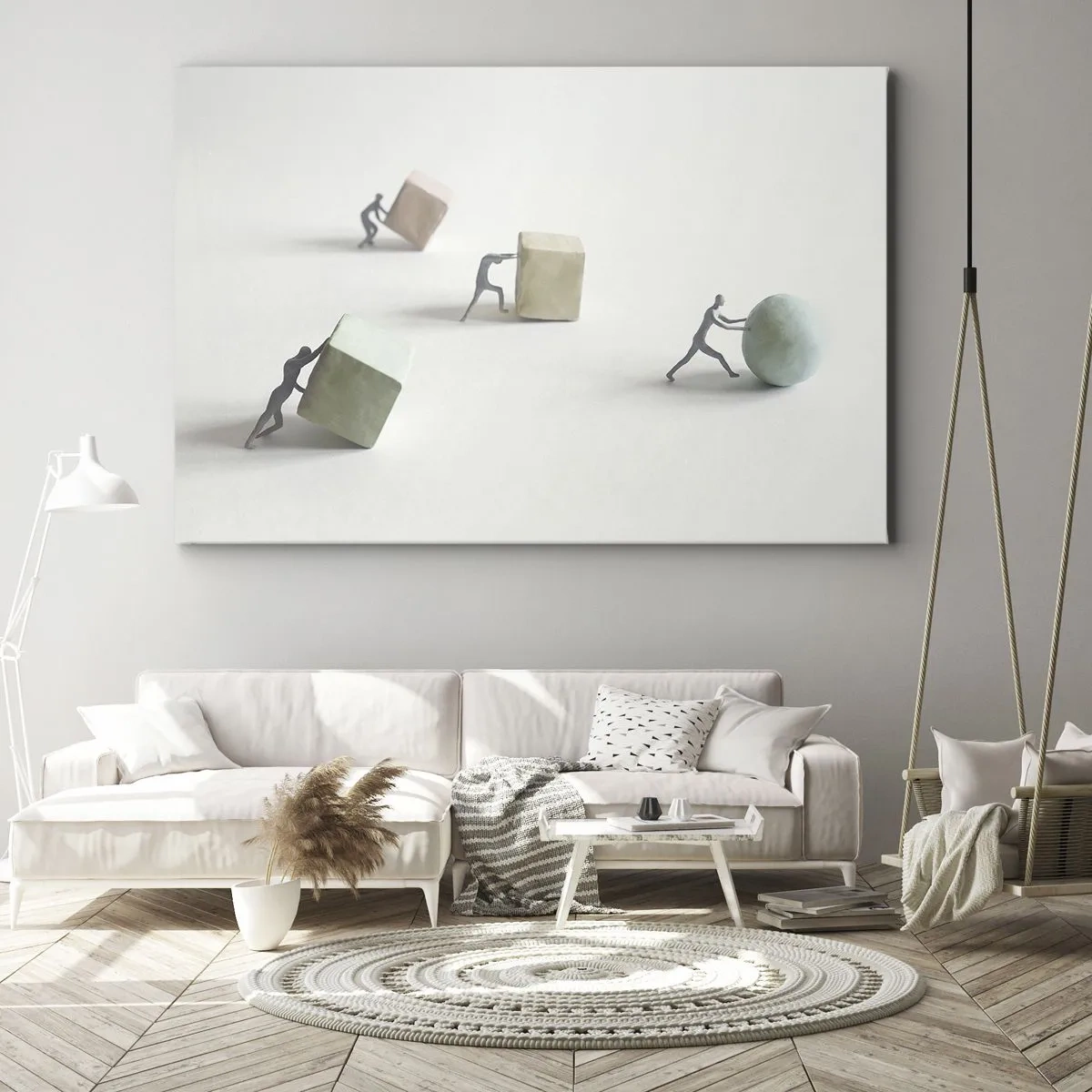 Impression sur toile - Image sur toile - Figurines miniatures poussant des formes sur un fond clair - 70x50cm - Rien que la vie - Décoration murale moderne pour le salon et la chambre ARTTOR