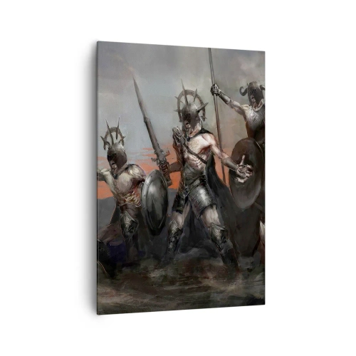 Impression sur toile - Image sur toile - Un groupe de guerriers en armure avec des lances sur fond de coucher de soleil - 70x100cm - Avec ou sur un bouclier - Décoration murale moderne pour le salon et la chambre ARTTOR