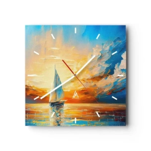 Horloge murale - Pendule murale - Un voilier sur fond de soleil couchant et de nuages colorés - 30x30cm - Expédition en or - Décoration murale moderne pour le salon et la chambre ARTTOR