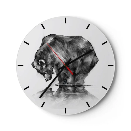 Horloge murale - Pendule murale - Dessin en noir et blanc d'un ours au bord de l'eau - 30x30cm - Ravi de rencontrer quelqu'un de proche - Décoration murale moderne pour le salon, la cuisine et la chambre ARTTOR