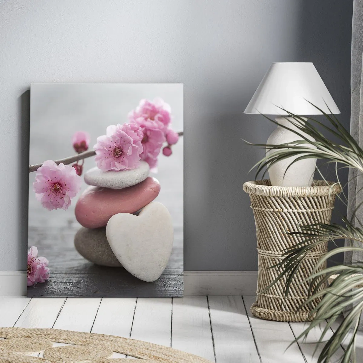 Impression sur toile - Image sur toile - Fleurs de cerisier délicates avec des pierres en forme de cœur - 50x70cm - Le bonheur avec une fleur de cerisier - Décoration murale moderne pour le salon et la chambre ARTTOR
