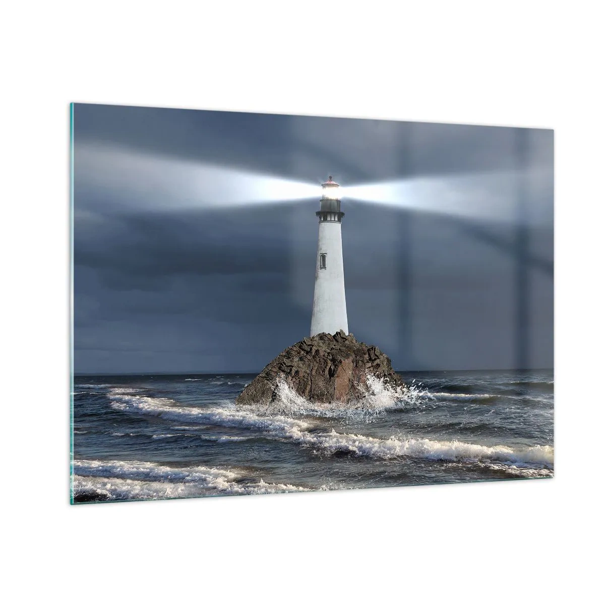 Impression sur verre - Image sur verre - Un phare sur un rocher au milieu des vagues agitées la nuit - 100x70cm - I… i… ici ! - Décoration murale moderne pour le salon et la chambre ARTTOR