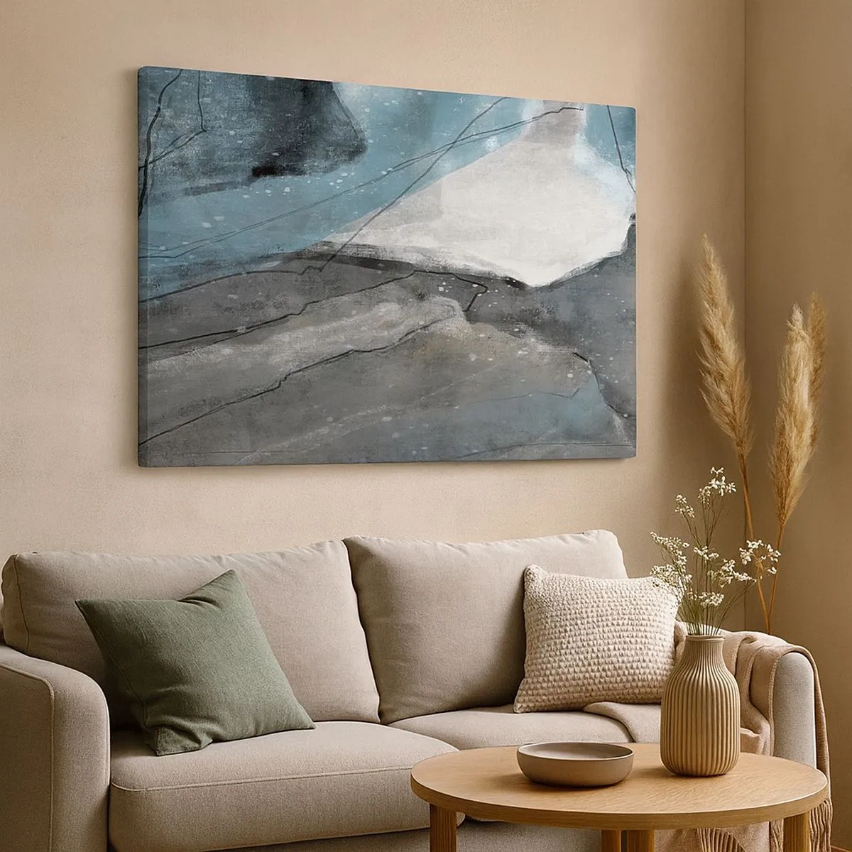 Impression sur toile - Image sur toile - Composition abstraite dans les tons de gris et de bleu - 70x50cm - Résumé : roches et glace - Décoration murale moderne pour le salon et la chambre ARTTOR