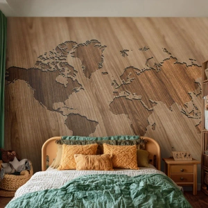Papier Peint Photo Standard Eco - Le monde est sur la table - Carte du monde, Bois, Continents - 250x175 cm