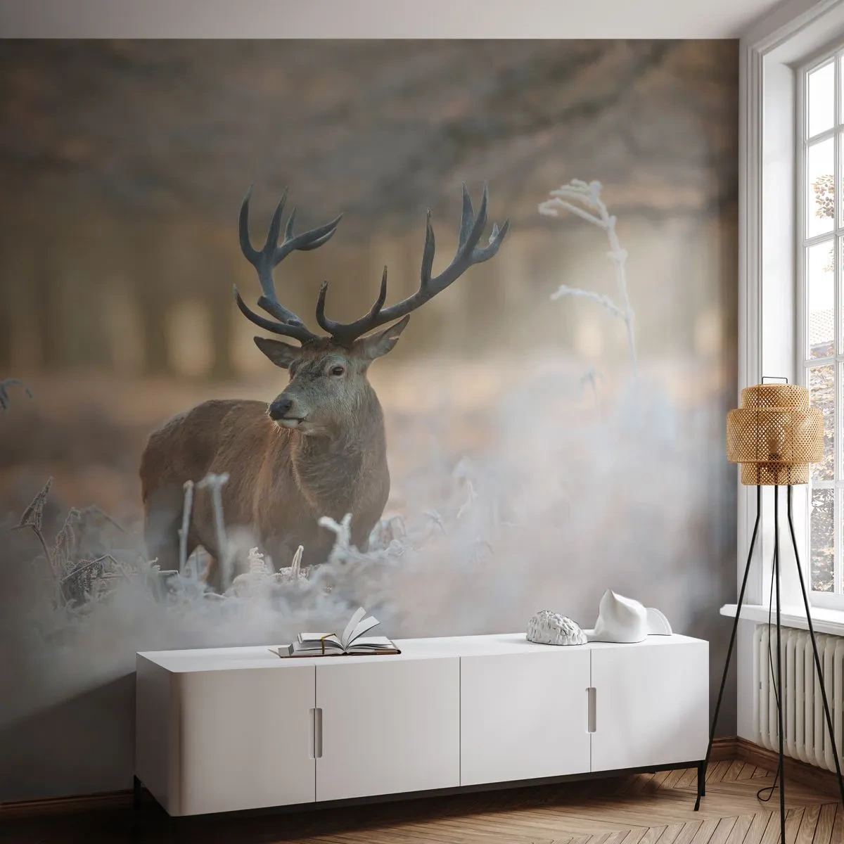 Papier Peint Photo Standard Eco - Une matinée animée - Paysage, Cerf, Animaux - 400x280 cm