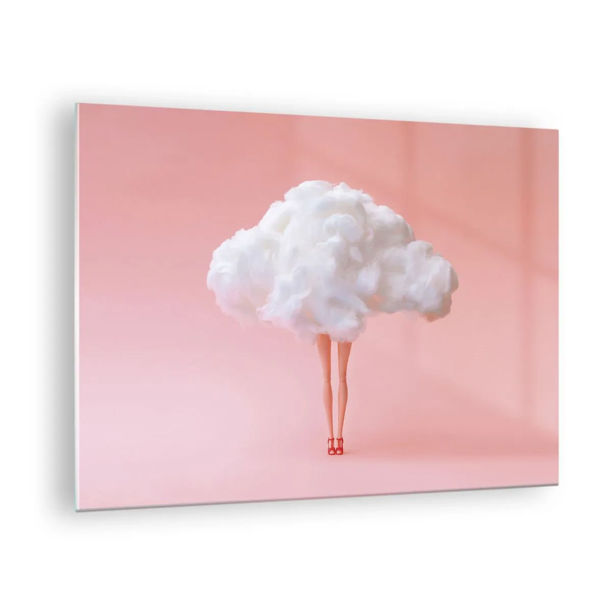 Impression sur verre - Image sur verre - Une silhouette de femme avec un nuage au lieu d'une robe sur un fond rose pastel. - 70x50cm - Douce promesse - Décoration murale moderne pour le salon et la chambre ARTTOR