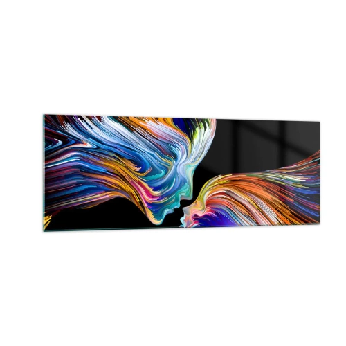 Impression sur verre - Image sur verre - Silhouettes colorées de visages dans des flux dynamiques sur fond noir - 140x50cm - Une fusion d'énergie et de lumière - Décoration murale moderne pour le salon et la chambre ARTTOR