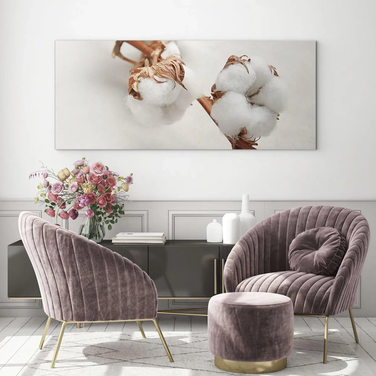 Impression sur verre - Image sur verre - Un brin de coton sur un fond subtil - 160x50cm - Seulement caliner - Décoration murale moderne pour le salon et la chambre ARTTOR