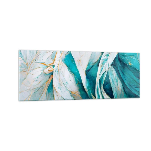 Impression sur verre - Image sur verre - Feuilles bleues abstraites avec des détails dorés - 140x50cm - Abstraction bleue avec un motif doré - Décoration murale moderne pour le salon et la chambre ARTTOR