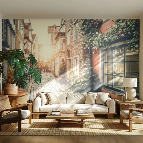 Papier Peint Autocollant Deluxe Sticker - Allée de roses en lueur rose - Ville, Pays-Bas, Architecture - 250x175 cm