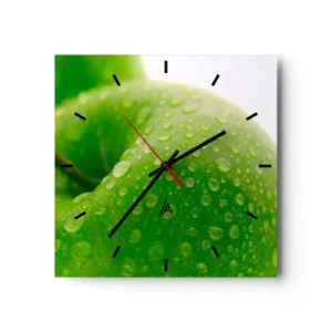 Horloge murale - Pendule murale - Gros plan d'une pomme verte avec des gouttes d'eau - 30x30cm - Fraîcheur de verdure fraîche - Décoration murale moderne pour le salon et la chambre ARTTOR