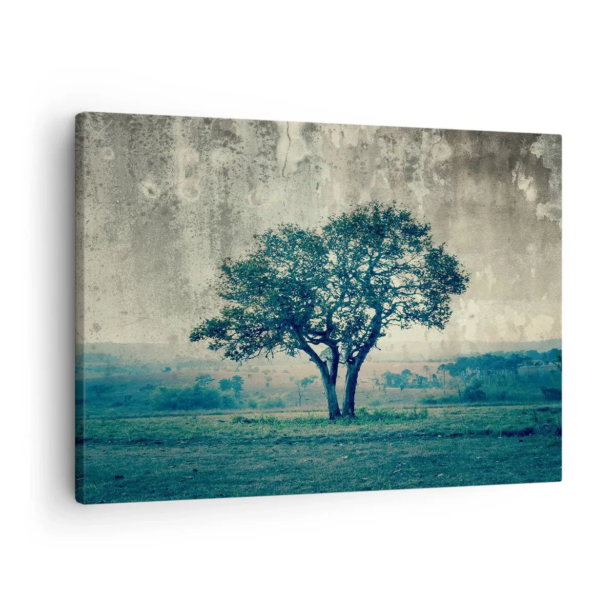 Impression sur toile - Image sur toile - Un arbre solitaire dans un paysage brumeux - 70x50cm - Un pommier sur un champ bleu ? - Décoration murale moderne pour le salon et la chambre ARTTOR