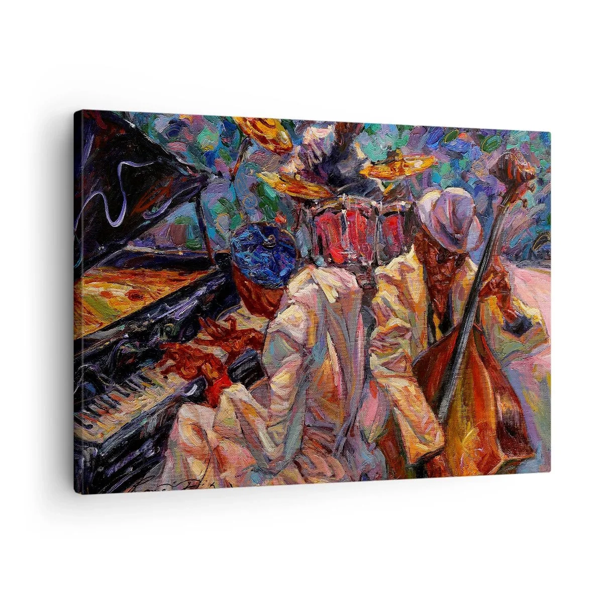 Impression sur toile - Image sur toile - Scène de jazz énergique avec musiciens et instruments - 70x50cm - Dans le même tempo - Décoration murale moderne pour le salon et la chambre ARTTOR