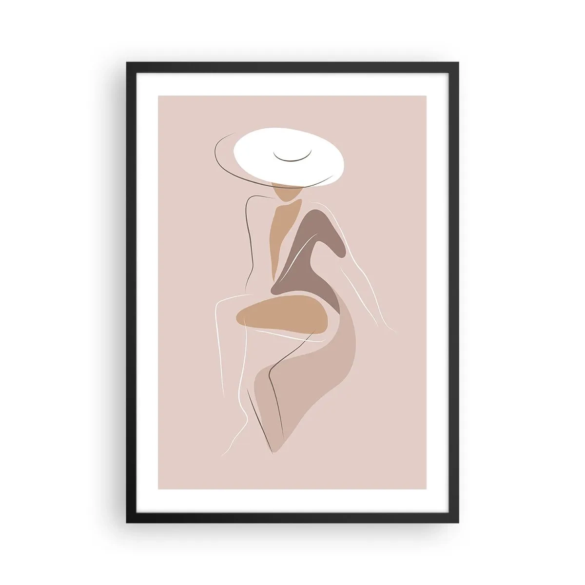 Affiche dans un cadre noir - Poster - Une image minimaliste d'une femme avec un chapeau sur fond beige. - 50x70cm - Être une dame - Décoration murale moderne pour le salon et la chambre ARTTOR