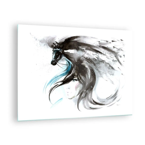 Impression sur verre - Image sur verre - Portrait d'une femme et d'un cheval dans une composition artistique et dynamique - 70x50cm - Galop du prince noir - Décoration murale moderne pour le salon et la chambre ARTTOR