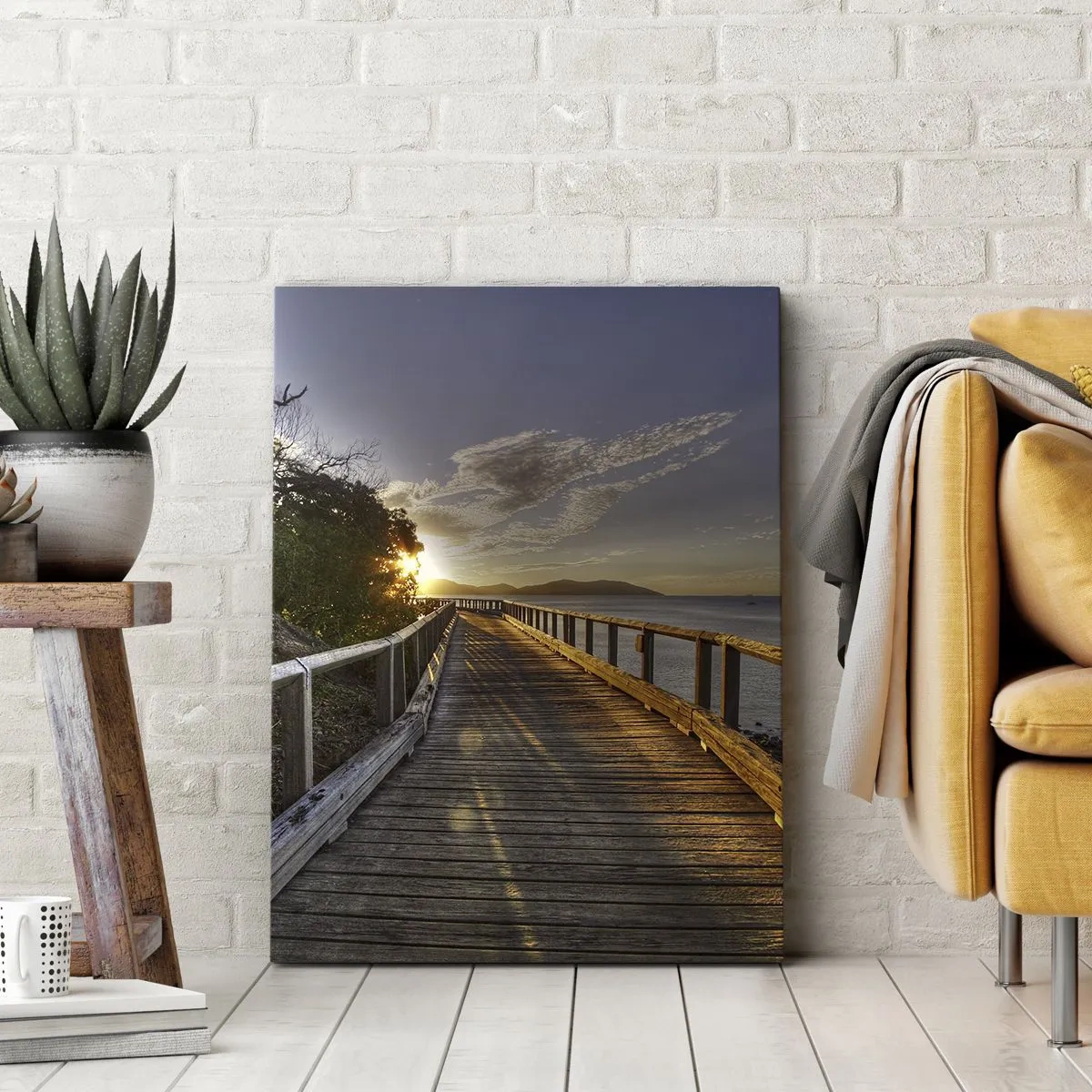Impression sur toile - Image sur toile - Une jetée en bois mène vers le coucher de soleil sur l'eau - 50x70cm - Aller, aller tout le temps en direction du soleil - Décoration murale moderne pour le salon et la chambre ARTTOR