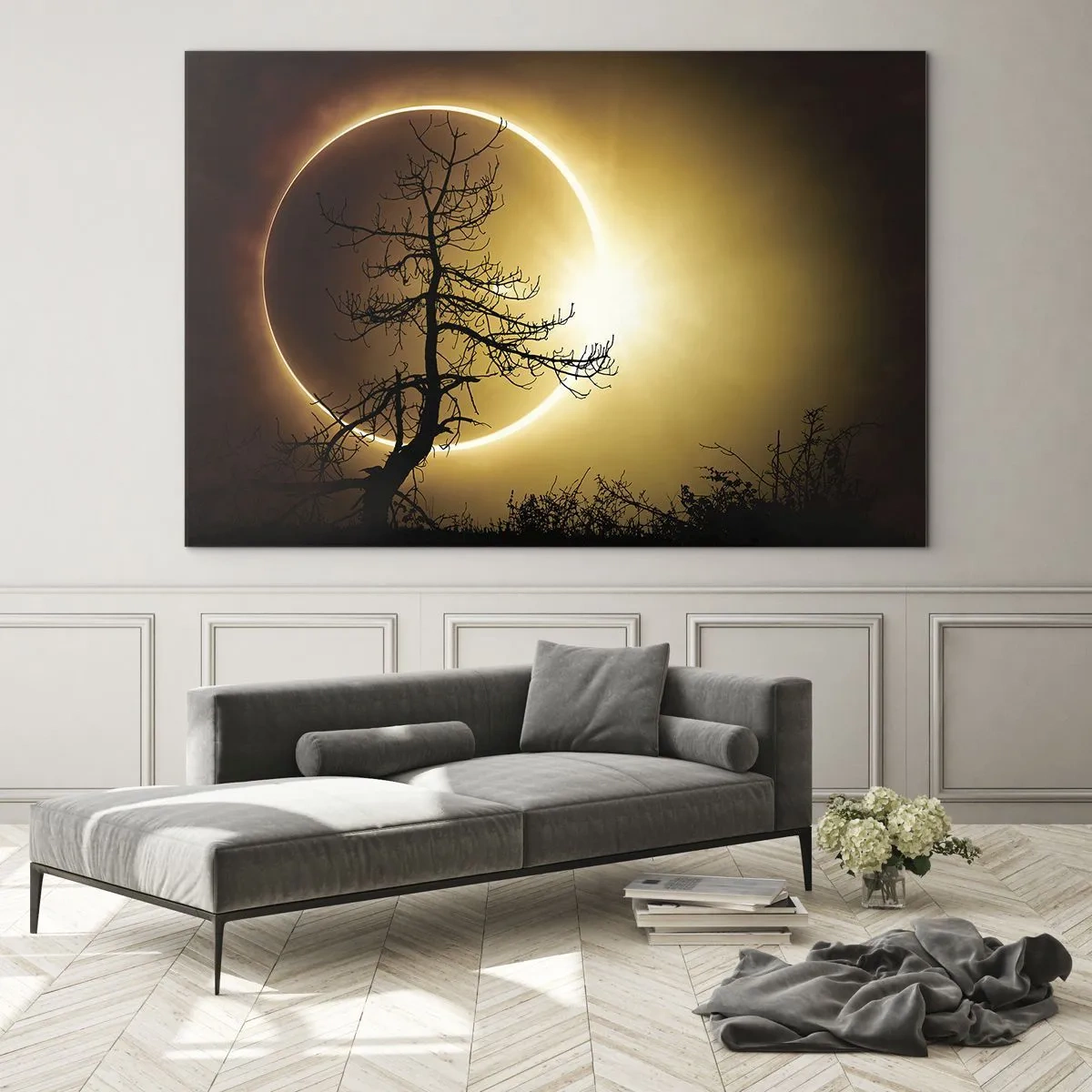 Impression sur verre - Image sur verre - Éclipse solaire derrière l'arbre - 70x50cm - Éclipse totale - Décoration murale moderne pour le salon et la chambre ARTTOR