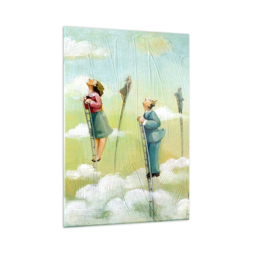 Impression sur verre - Image sur verre - Des personnages grimpant aux échelles parmi les nuages - 50x70cm - Derrière ton rêve - Décoration murale moderne pour le salon et la chambre ARTTOR