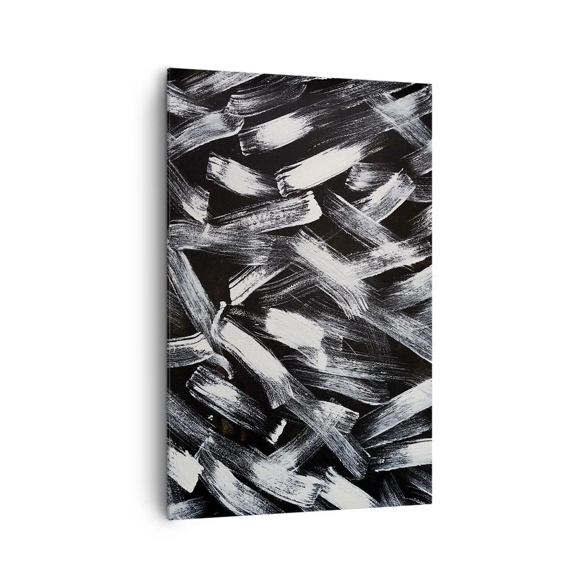 Impression sur toile - Image sur toile - Abstraction dynamique avec des coups de pinceau blancs sur fond noir. - 80x120cm - L'abstraction dans l'esprit industriel - Décoration murale moderne pour le salon et la chambre ARTTOR