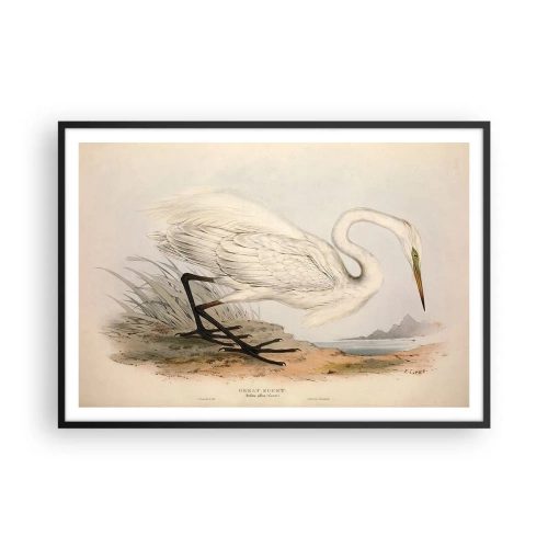 Affiche dans un cadre noir - Poster - Dessin d'un héron blanc sur fond de paysage naturel - 100x70cm - Dame sur les joncs - Décoration murale moderne pour le salon et la chambre ARTTOR