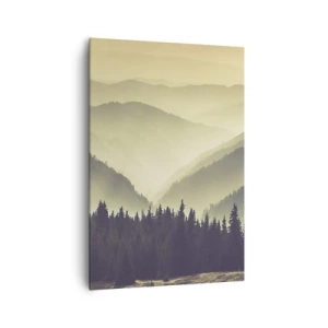 Impression sur toile - Image sur toile - Des chaînes de montagnes pittoresques enveloppées de brume dans une lumière chaude - 70x100cm - Derrière les sept montagnes… - Décoration murale moderne pour le salon et la chambre ARTTOR