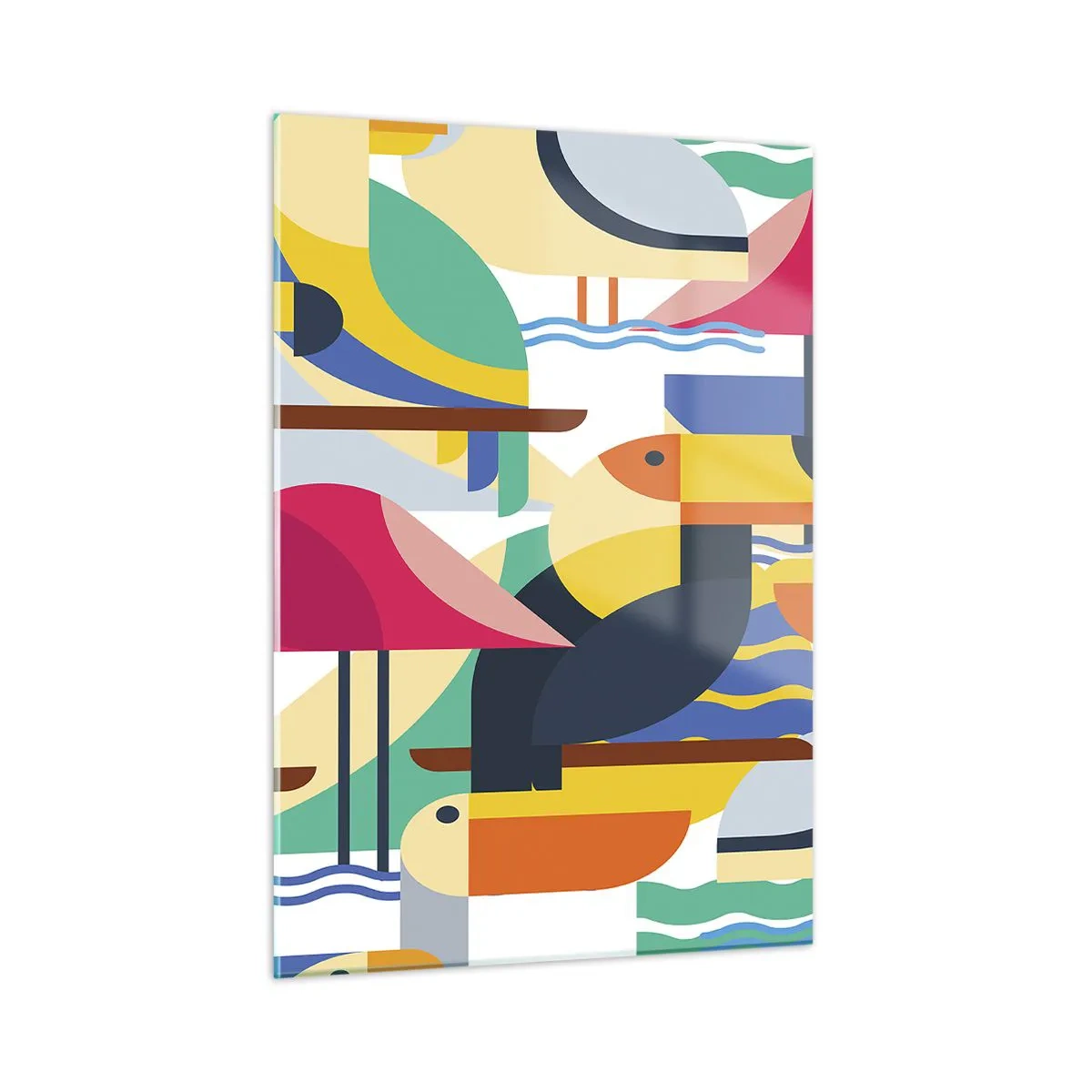 Impression sur verre - Image sur verre - Illustration abstraite d'oiseaux colorés dans un style géométrique - 50x70cm - Fête des oiseaux - Décoration murale moderne pour le salon et la chambre ARTTOR