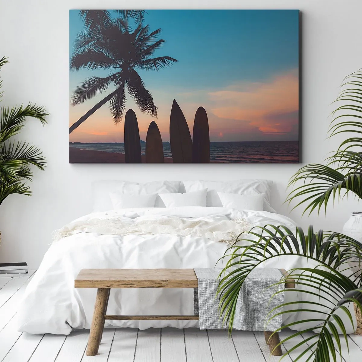 Impression sur toile - Image sur toile - Planches de surf sur fond de palmier et de coucher de soleil - 120x80cm - Demain sera amusant aussi - Décoration murale moderne pour le salon et la chambre ARTTOR