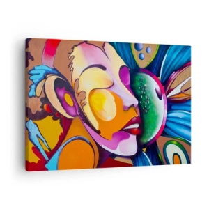 Impression sur toile - Image sur toile - Une abstraction colorée avec un motif de visage dans une composition dynamique - 70x50cm - Toucher avec la couleur - Décoration murale moderne pour le salon et la chambre ARTTOR