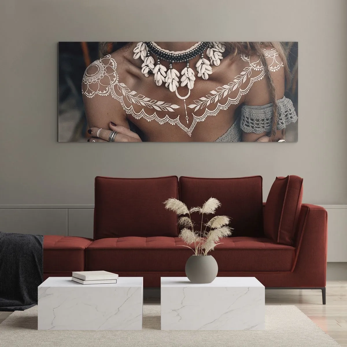 Impression sur verre - Image sur verre - Style bohème avec bijoux coquillages et motif dentelle - 120x50cm - Talismans, rituels de la féminité - Décoration murale moderne pour le salon et la chambre ARTTOR