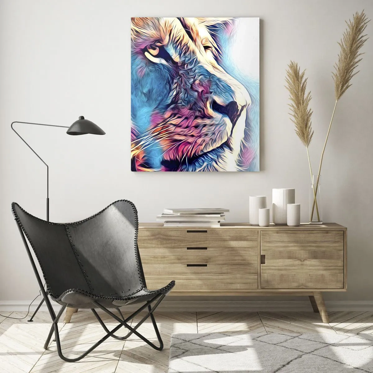Impression sur verre - Image sur verre - Graphiques de lion colorés dans un style moderne et artistique - 50x70cm - L'intelligence de la nature - Décoration murale moderne pour le salon et la chambre ARTTOR