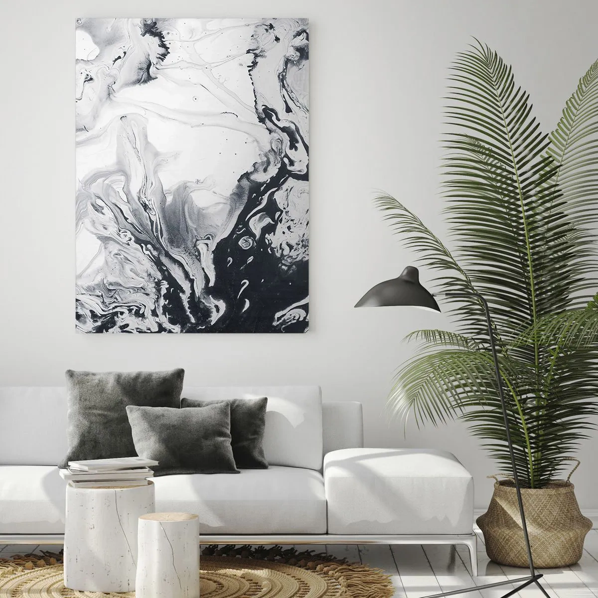 Impression sur verre - Image sur verre - Vagues abstraites monochromes dans des tons de noir et blanc - 50x70cm - Au centre de la Terre - Décoration murale moderne pour le salon et la chambre ARTTOR
